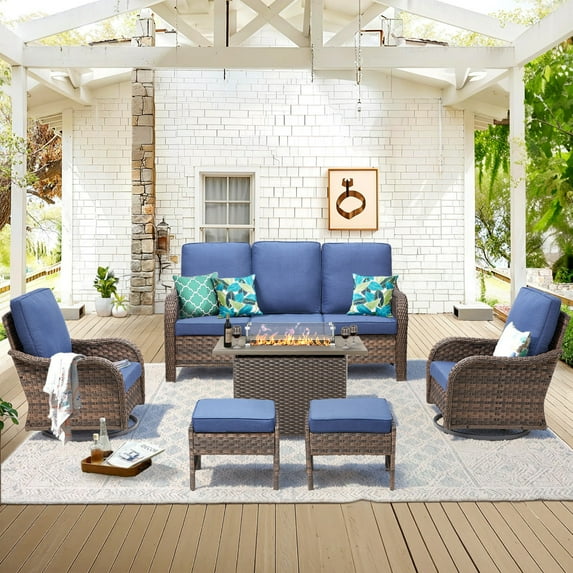Unnifurnzi Patio Furniture Set with Fire Pit Table-6 Pieces All Weather Wicker Patio Furniture Outdoor Swivel Chairs with Outdoor Couch Outdoor Furniture for Porch Balcony Deck-Brown/Blue