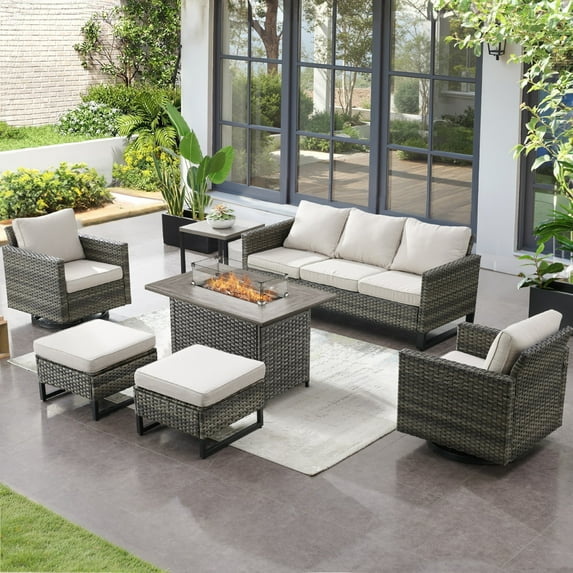 Unnifurnzi Patio Furniture Set with Fire Pit Table-7 Pieces Outdoor Furniture with Outdoor Swivel Rocker Patio Chairs Outdoor Patio Furniture Set for Deck Balcony Garden-Gray/Beige