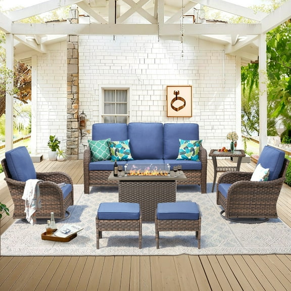 Unnifurnzi Patio Furniture Set with Fire Pit Table-7 Pieces All Weather Wicker Patio Furniture Outdoor Swivel Chairs with Outdoor Couch Outdoor Furniture for Porch Balcony Deck-Brown/Blue