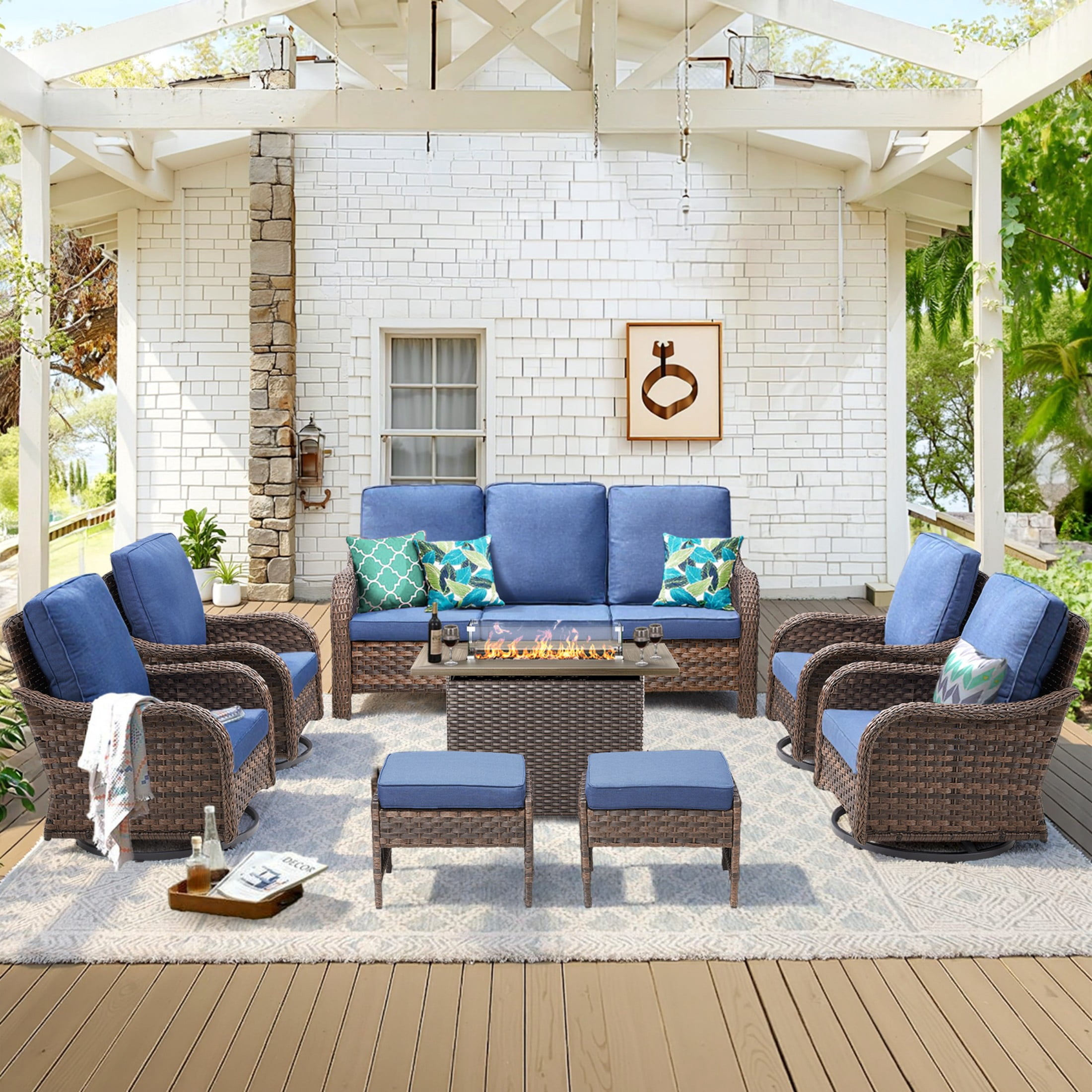 Unnifurnzi Patio Furniture Set with Fire Pit Table-8 Pieces All Weather Wicker Patio Furniture Outdoor Swivel Chairs with Outdoor Couch Outdoor Furniture for Porch Balcony Deck-Brown/Blue