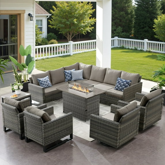 Unnifurnzi Patio Furniture Set with Fire Pit Table-9 Pieces Outdoor Sectional Furniture with Outdoor Swivel Rocker Patio Chairs Outdoor Patio Furniture Set for Deck Balcony Garden-Gray/Gray