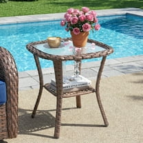 Unnifurnzi Patio Wicker Side Table-Outdoor PE Rattan End Table with Tempered Glass Top and 2-Tier Storage Shelf Square Side Table for Deck Porch Balcony Garden-Brown