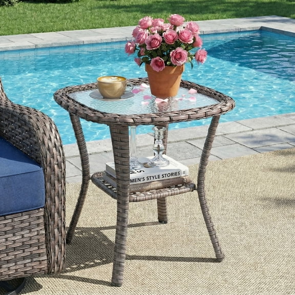 Unnifurnzi Patio Wicker Side Table-Outdoor PE Rattan End Table with Tempered Glass Top and 2-Tier Storage Shelf Square Side Table for Deck Porch Balcony Garden-Gray
