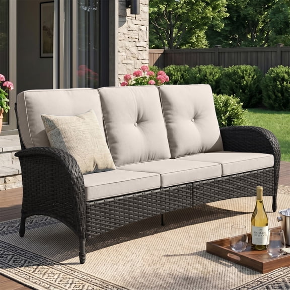 Unnifurnzi Patio Wicker Sofa-All Weather Rattan 3 Seater Patio Couch Outdoor Patio Couch for Deck Lawn Porch Balcony Poolside-Black/Beige