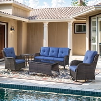 Unnifurnzi Wicker Outdoor Conversation Set-5 Pieces Outdoor Wicker High Back Couch with Swivel Rocker Chairs Patio Furniture for Deck Poolside Backyard-Brown/Blue