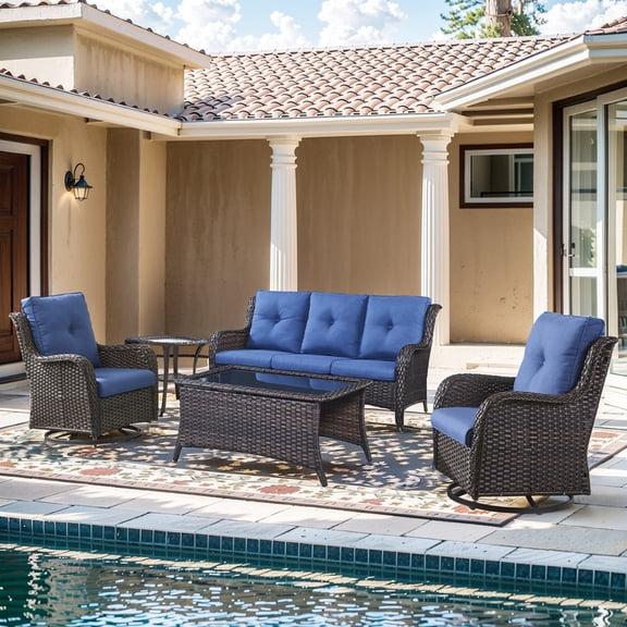 Unnifurnzi Wicker Outdoor Conversation Set-5 Pieces Outdoor Wicker High Back Couch with Swivel Rocker Chairs Patio Furniture for Deck Poolside Backyard-Brown/Blue