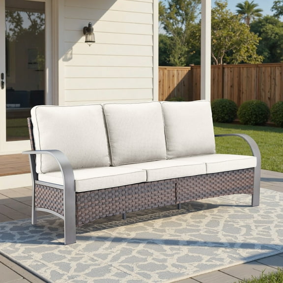 Unnifurnzi Wicker Outdoor Couch-High Back Patio Couch with 4" Thick Cushions Outdoor Sofa for Deck Porch Lawn Garden Backyard-Brown/Beige