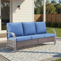 Unnifurnzi Wicker Outdoor Couch-High Back Patio Couch with 4" Thick Cushions Outdoor Sofa for Deck Porch Lawn Garden Backyard-Brown/Blue