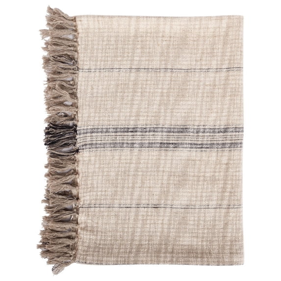Uno 50 Inch Throw Blanket, Soft Cotton, Linen, Woven Stripes, Beige, Brown