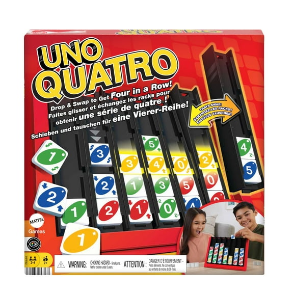 UNO Quatro Game, Adult, Colored Tiles & Plastic Game Grid, 2-4 Players, 53 Pieces