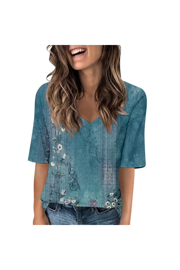 Shirts for Women，Graphic Tees for Women，Womens T Shirts Tops for 2024 Elbow Length V Neck T Shirts Dressy Half Sleeve Fit Basic Tee Tunic Tops Blouse T Shirts for Women Navy M