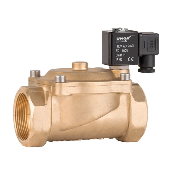 Unox 1-1/2" Brass Electric Solenoid Valve 110V AC Normally Open 0.5-12 Bars Working Pressure, For Water, Air