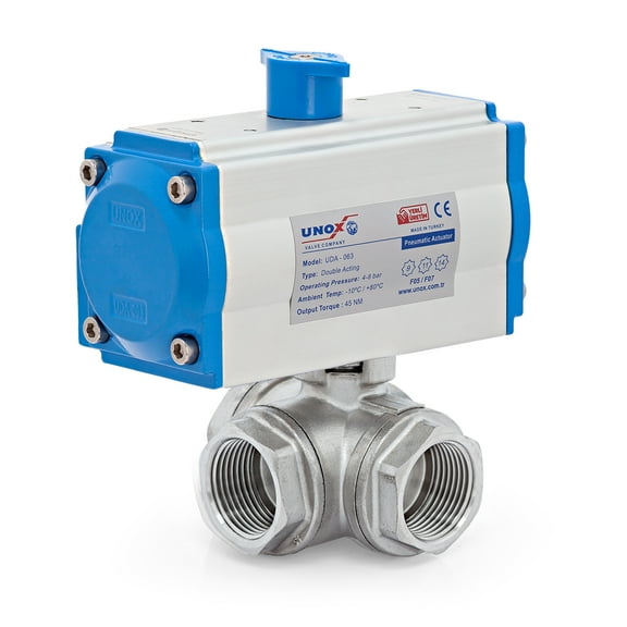 Unox 1 1/2" (DN40) Double Acting Pneumatic Actuated, Stainless Steel AISI304, Threaded, 3-Way T-Port Ball Valve