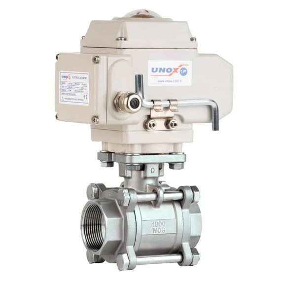 Unox 1 1/4" (DN32) 110V AC Motorized Ball Valve Three-Pieces Threaded Electrical Ball Valve Stainless Steel AISI304 Body 63 Bars Max Pressure For Water Air Control Valve