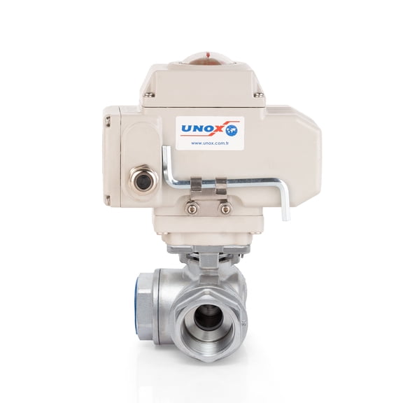 Unox 1 1/4" (DN32) 110V AC Motorized Ball Valve Three-Way T-Port Threaded Electrical Ball Valve Stainless Steel AISI304 Body 63 Bars Max Pressure For Water Air Control Valve