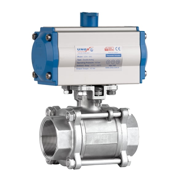 Unox 1 1/4" (DN32) Single Acting Pneumatic Actuated Stainless Steel AISI304 Threaded Three-Pieces 3P Ball Valve