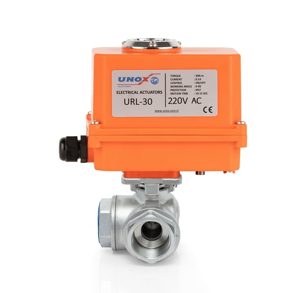 Unox 1/2" (DN15) 220V AC Motorized Ball Valve Three-Way T-Port Threaded Electrical Ball Valve Stainless Steel AISI304 Body 63 Bars Max Pressure For Water Air Control Valve