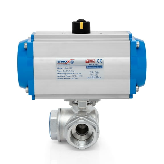 Unox 1" (DN25) Double Acting Pneumatic Actuated, Stainless Steel AISI304, Threaded, 3-Way L-Port Ball Valve