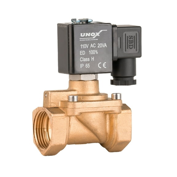 Unox 110V AC - 3/4" General Purpose Solenoid Valve High Pressure (0.5-40 Bars), Normally Open, Brass Body, For Water, Air, Brass Electric Solenoid Valve