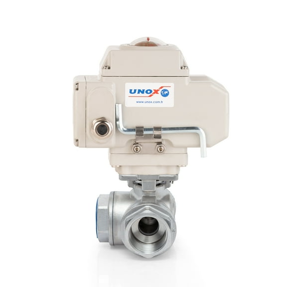 Unox 2 1/2" (DN65) 24V DC Motorized Ball Valve Three-Way L-Port Threaded Electrical Ball Valve Stainless Steel AISI304 Body 63 Bars Max Pressure For Water Air Control Valve