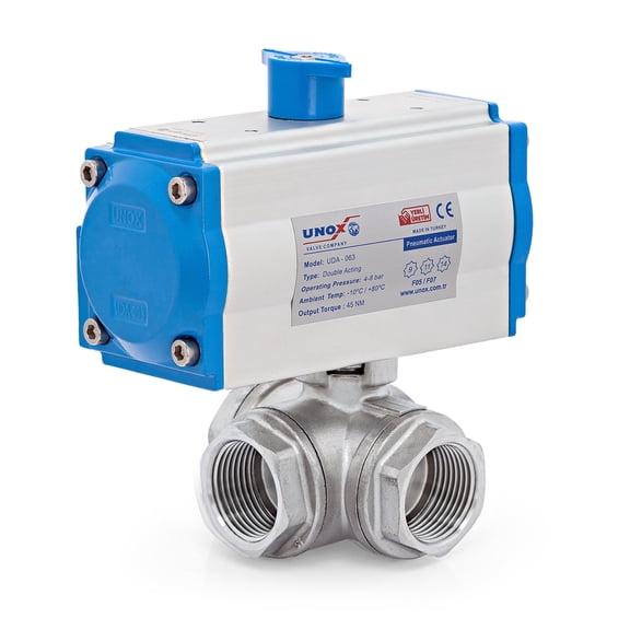 Unox 3" (DN80) Stainless Steel AISI304 Double Acting Pneumatic Actuated 3-Way L-Port Ball Valve
