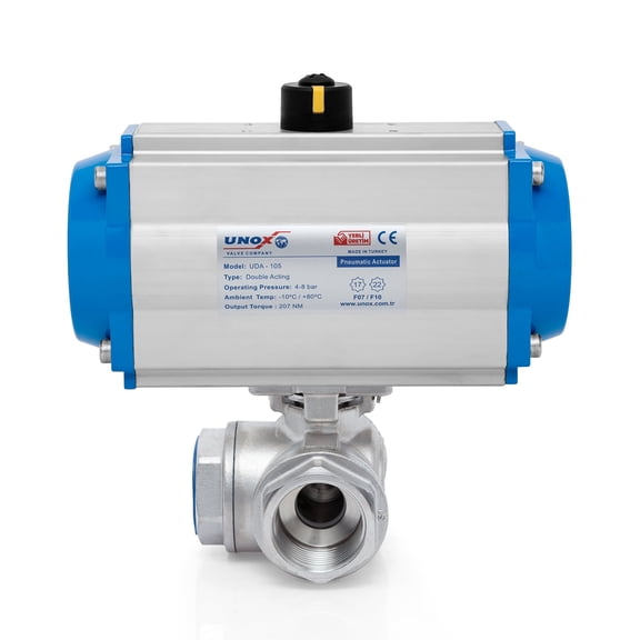 Unox 3" (DN80) Stainless Steel AISI304 Double Acting Pneumatic Actuated 3-Way T-Port Ball Valve
