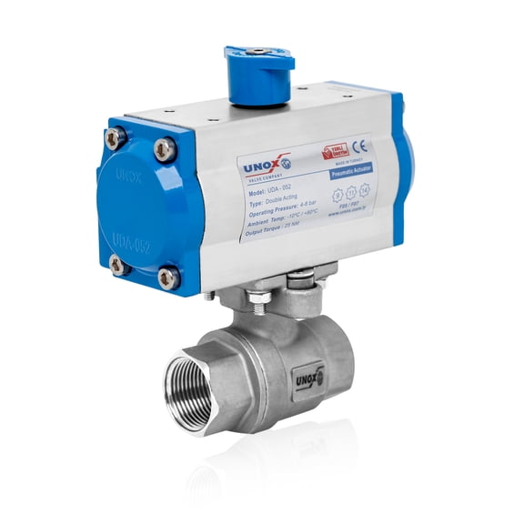 Unox 3" NPT Ball Valve Double Acting Pneumatic Actuated Stainless Steel AISI304, Two-Piece Body, 63 Bars Max Pressure