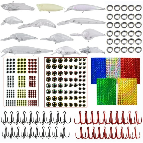 VanRolldex Unpainted Fishing Lures Crankbaits with Treble Hooks, Split Rings & Lure Eyes, 342-Count
