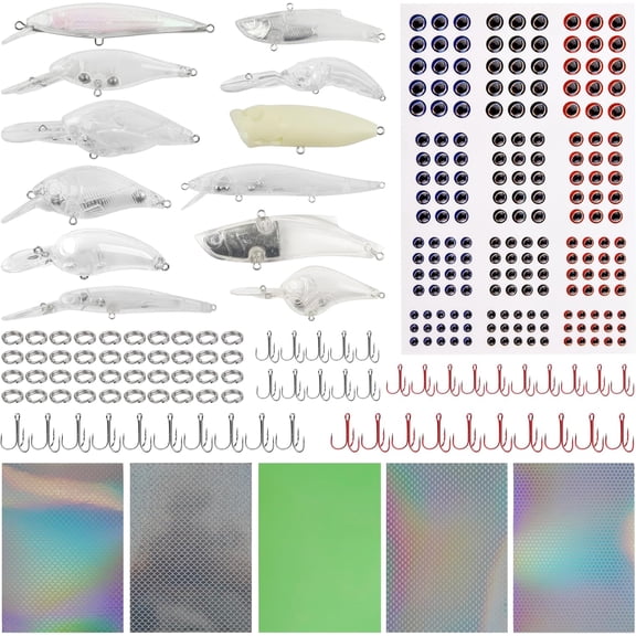 Unpainted Fishing Lures DIY Minnow Kit - 280pcs Blank Hard Crankbait Set Treble Hooks,Split Rings,Stickers,3D Eyes for Making Lures DIY Fishing Tackle Kit