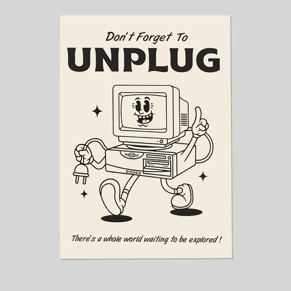 Unplug Print Retro Computer Illustration Wall Art, Vintage Tech Printable, Classroom Poster, Motivational Office Decor Full Size 24''x36'' The Golden Shop