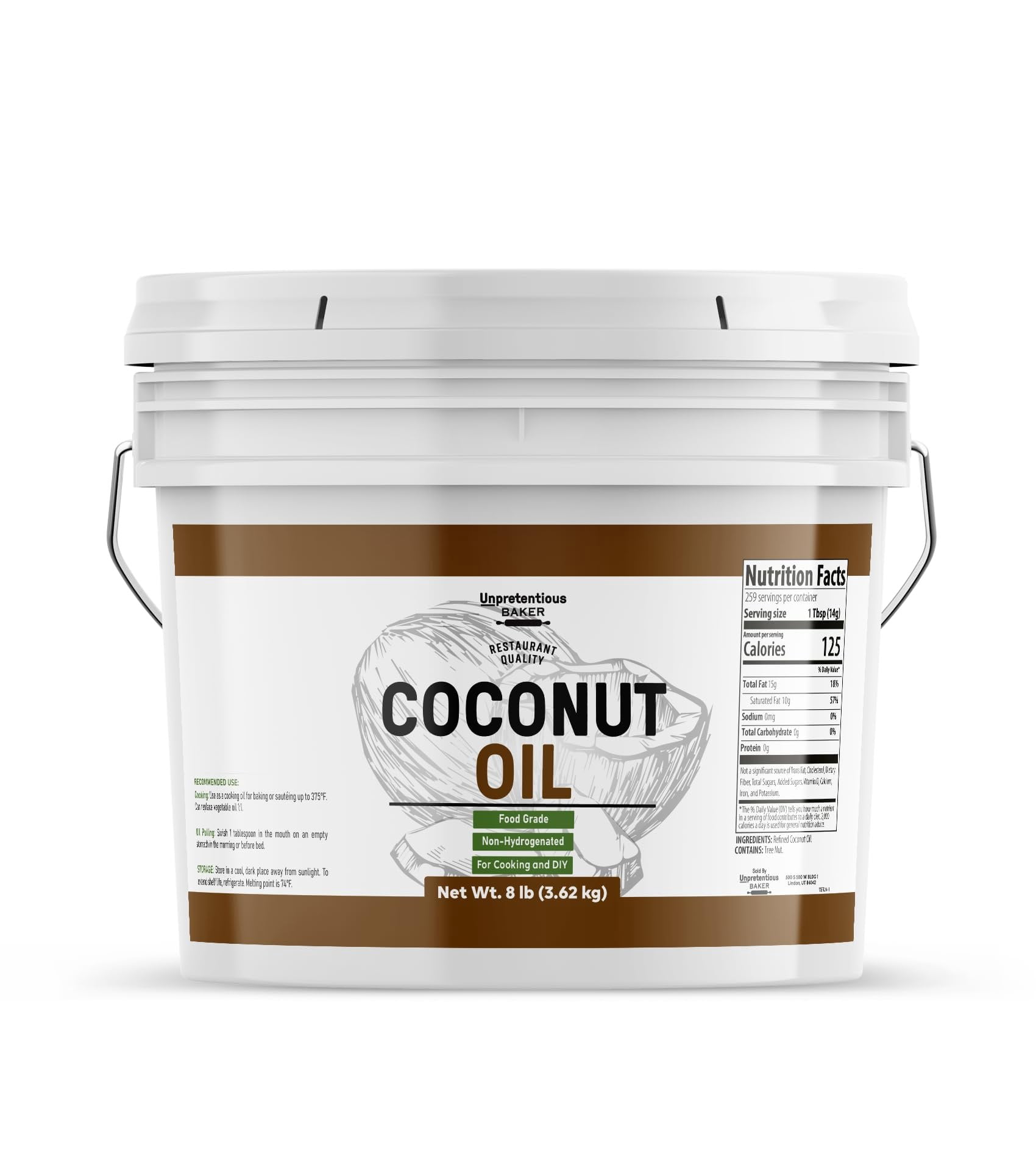 Unpretentious Food Grade Coconut Oil, 1 Gallon - Non-GMO, Flavorless, Scentless For Cooking & Skin