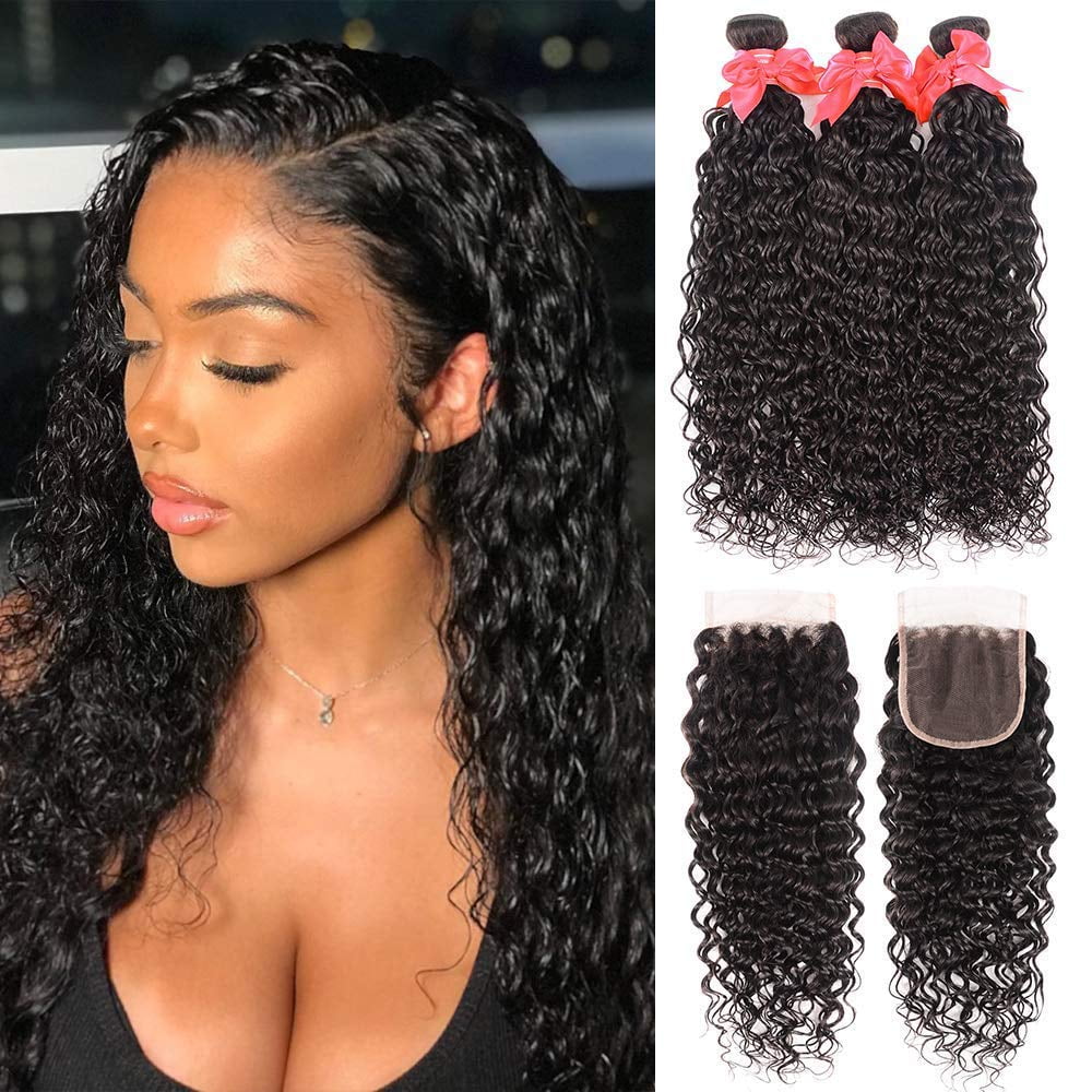 Unprocessed Water Wave Human Hair Bundles with Closure 100g Per Bundle Natural Black