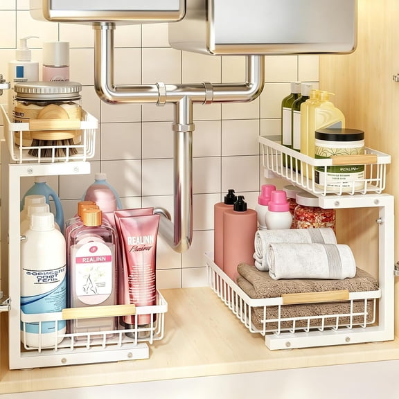 Unr Sink Organizer, 2 Pack Height Adjustable Unr Sink Organizers and Storage, 2 Tier Pull Out Drawer Cabinet Storage for Kitchen Bathroom, White