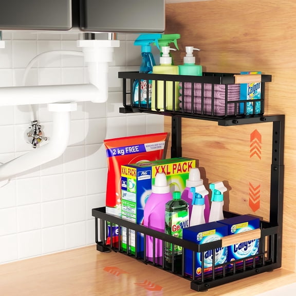 Unr Sink Organizer, 2-Tier Pull-Out Cabinet Organizer Adjustable Height, Left or Right Install Smooth Sli-Out Drawers, Heavy-Duty Metal Rack for Kitchen & Bathroom, 1 Pack