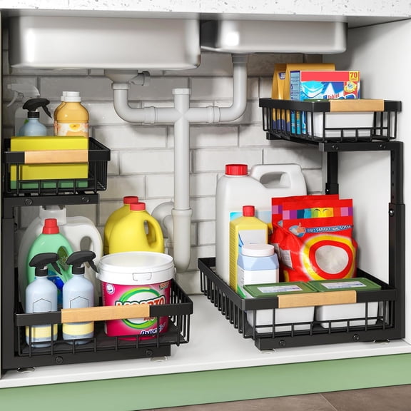 Unr Sink Organizer, 2 Tier Unr the Sink Storage, Sli out Pull out Cabinet Organizer Shelf, Metal Sliding Drawer for Kitchen Bathroom Pantry Closet Organization Rack, Black, 2 Pack