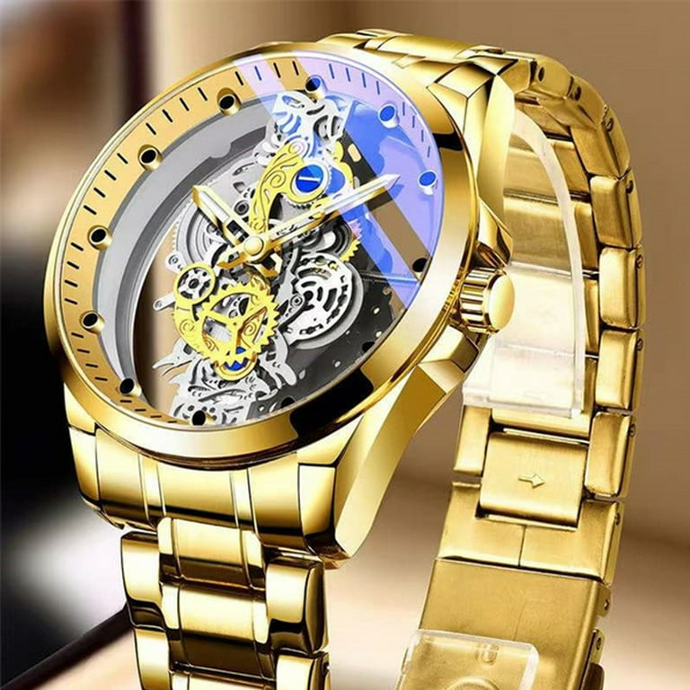 Unraion Wrist Timepiece Gold Vintage Luxury Skeleton Quartz Watch for Men Walmart