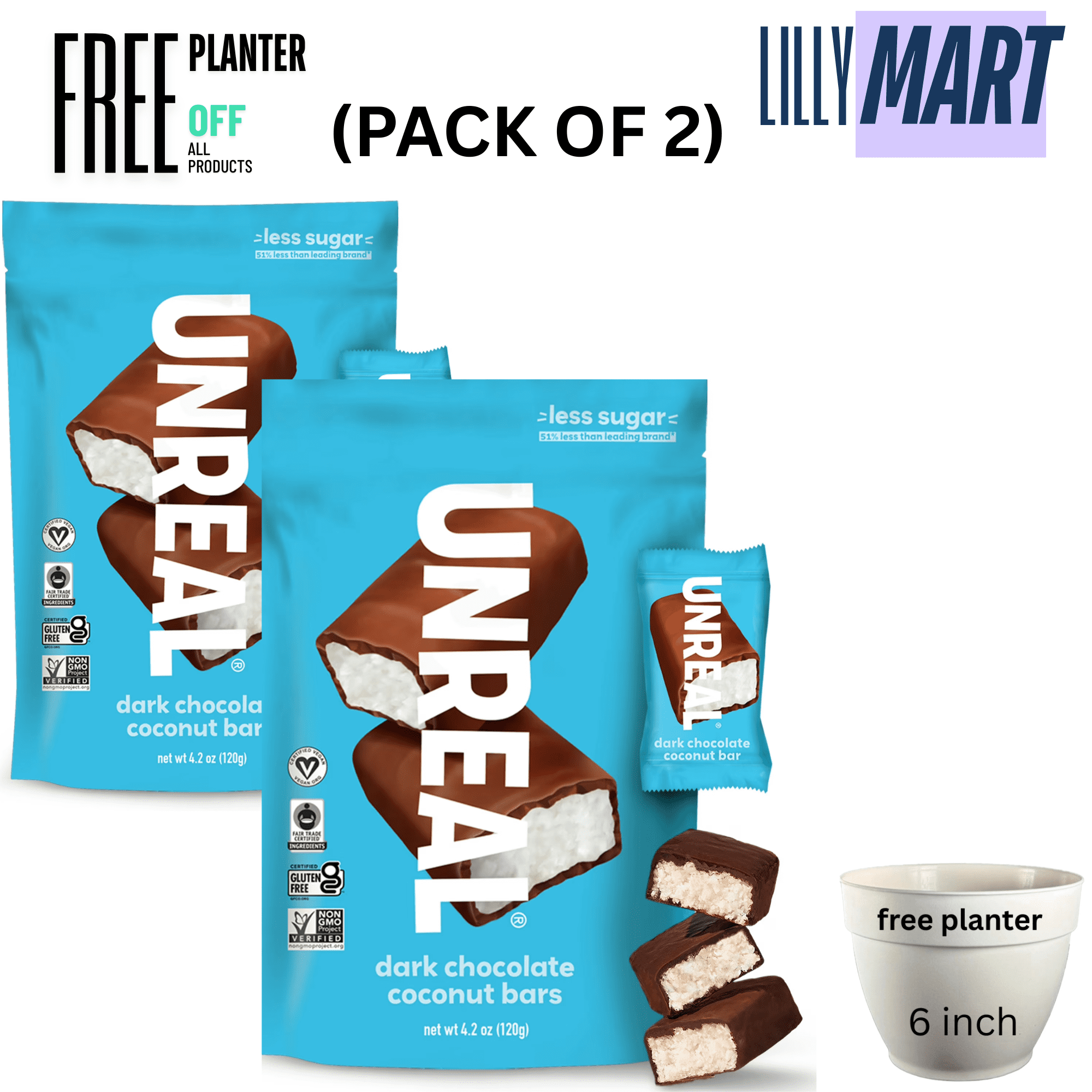Unreal Dark Chocolate Coconut Bars, 4.2 oz Gluten Free (pack of 2)