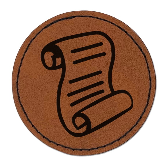 Unrolled Scroll of Parchment and Text 2.5" Faux Leather Round Engraved Iron-On Patch - Brown