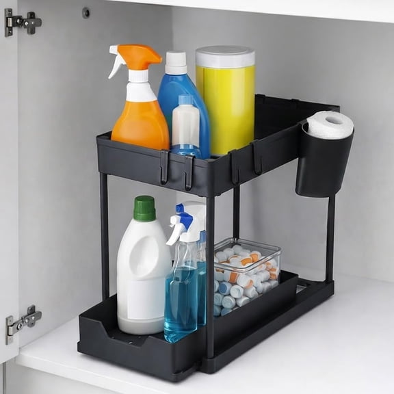 Unrsink Organizer, 2-Tier Unr Sink Storage Rack with Sliding Drawers for Kitchen Bathroom Cabinets, Pull Out Organizer for Pantry, Laundry Room & Closet Organization - 1 Pack, Black