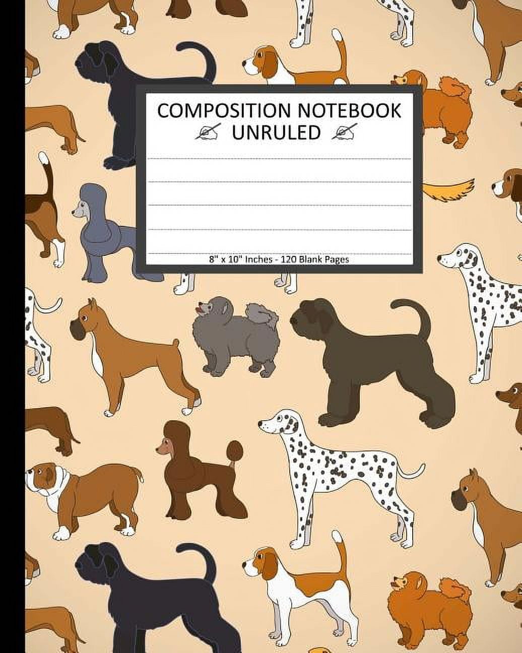 Unruled Composition Notebook 8" x 10". 120 Pages. Cartoon Dogs Breeds