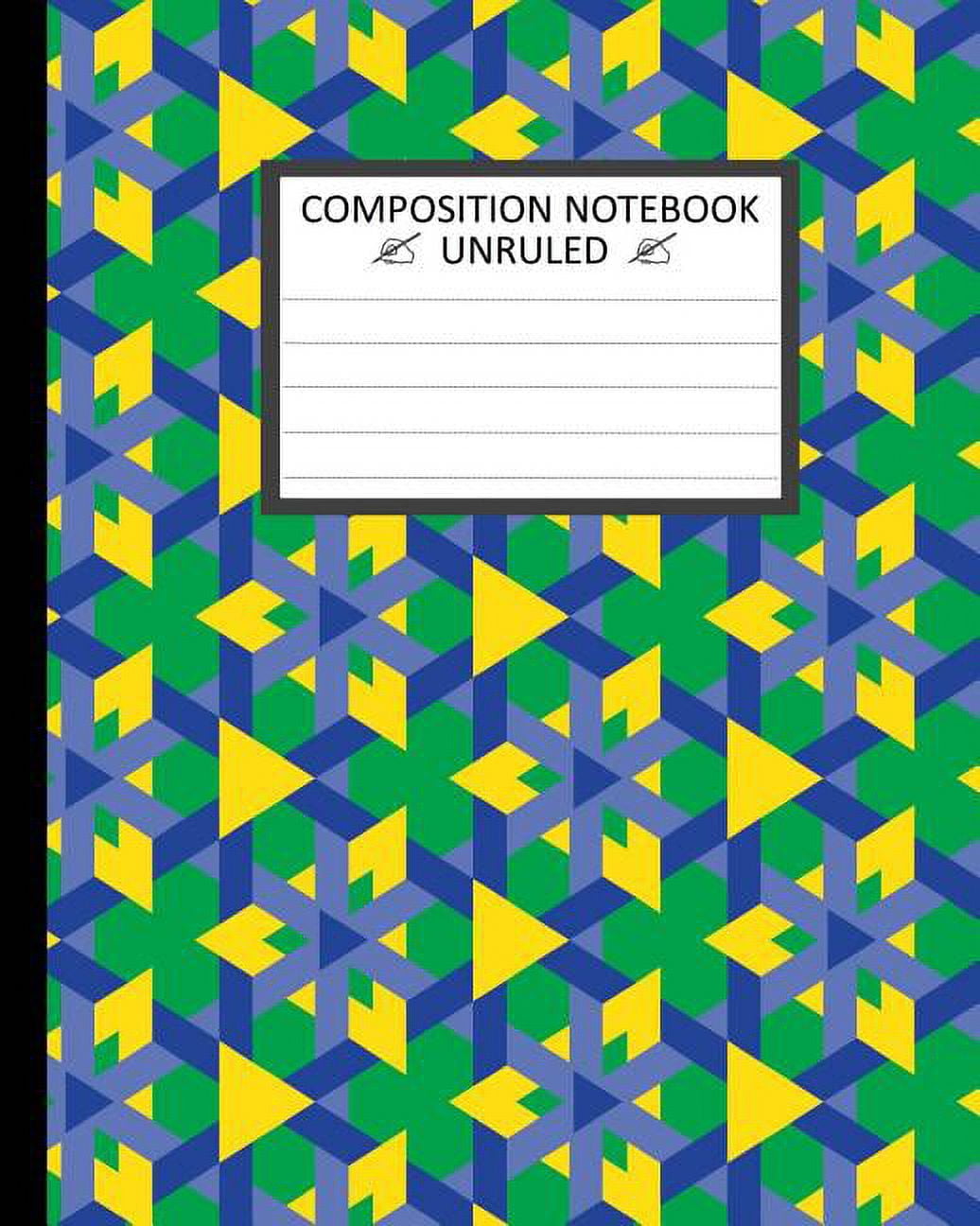Unruled Composition Notebook 8 x 10. Yellow Triangles on Blue and Green