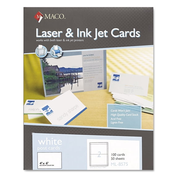 MACO MML-8575 4 x 6 Unruled Microperforated Laser/Inkjet Post Cards - White (100/Box)