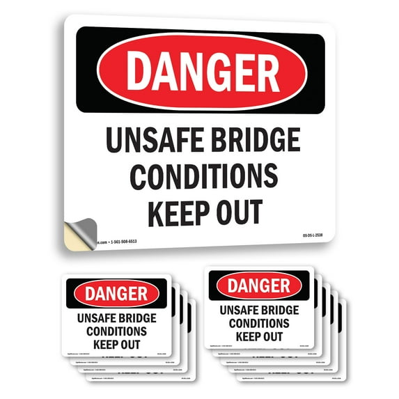 Unsafe Bridge Conditions Keep Out OSHA Danger Vinyl Decal Label 5 Inch x 3.5 Inch - 10 Pack