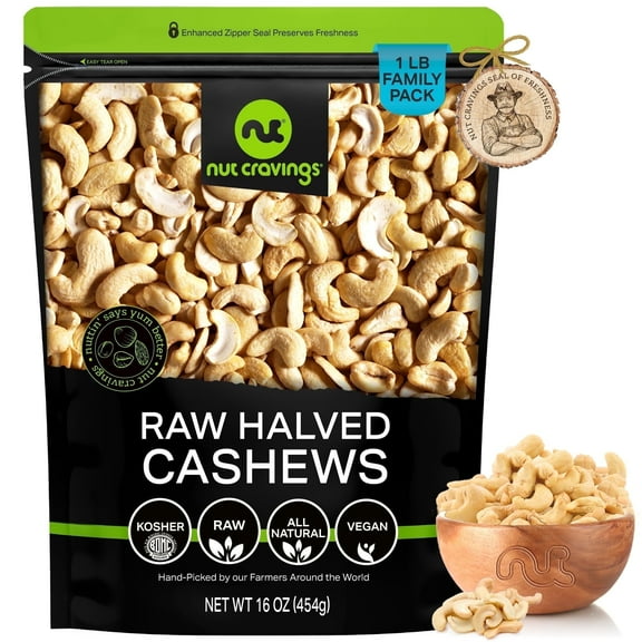 Nut Cravings Unsalted Cashews, Raw Halves & Pieces, Shelled (16oz - 1 lbs)