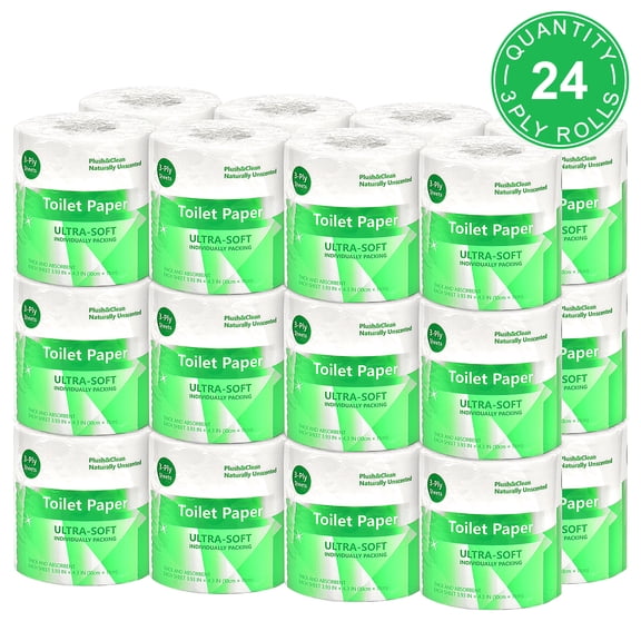 Unscented 3-Ply Toilet Paper 24 Rolls 350 Sheets Each Plastic Free FSC Certified Total 8400 Sheets