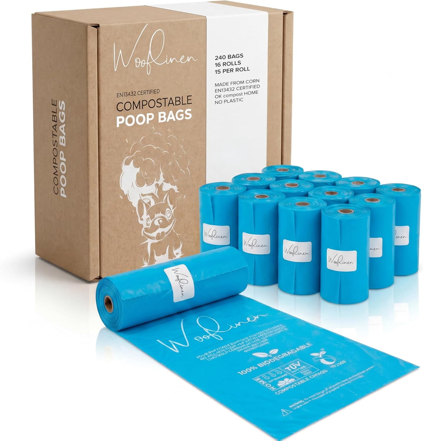 Unscented Compostable Dog Poop Bags – Leak-Proof Dog Poop Bags Rolls – Large 9x13”, Durable, Easy Tear – Made from Plant-Based Materials – For Big & Small Dogs – 240 Bags (16 Rolls)