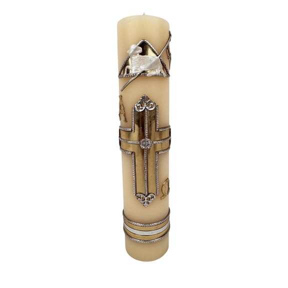 Unscented Easter Lent Holy Week 11"x2.5" Gold Tone Cross, Alpha & Omega Cirio Pascual, Semana Santa