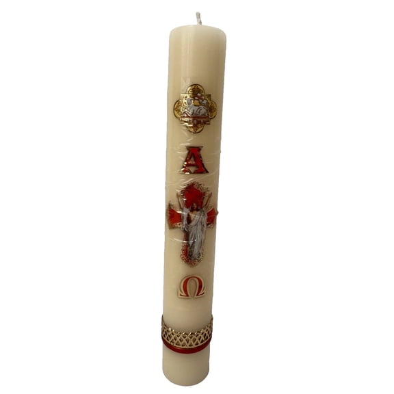 Unscented Easter Lent Paschal Candle Sticker Alpha Omega Risen Christ 9.5"x 1" Cirio Pascual Alfa Omega & Jesus Resucitado Imagen