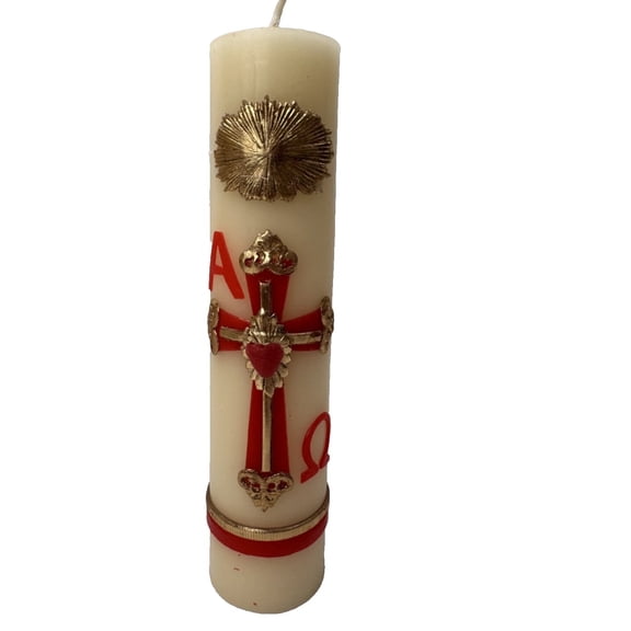 Unscented Easter Lent Paschal Candle Wax Alpha Omega Red Cross 8"x 2" Cirio Pascual Semana Santa