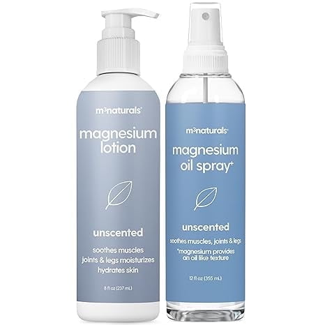 Unscented Magnesium Lotion & Spray for Sleep, Suitable for Sensitive Skin, Helps with Muscle Relaxation, Soothes Tired Legs & Foot Aches and Supports Restful Nights, 8 & 12 fl oz by M3 Naturals
